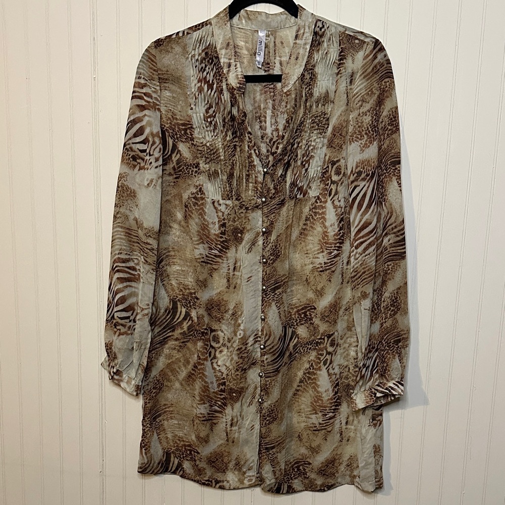 Miilla Clothing Animal Print Long Blouse in Beige and Brown
